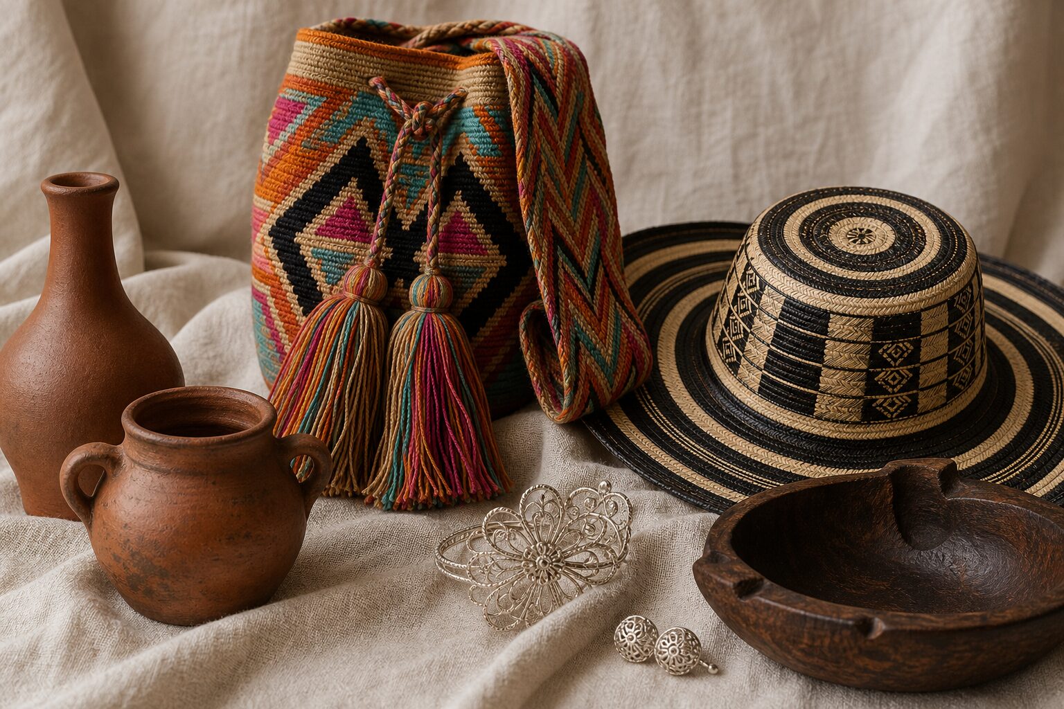 Bodegón editorial de artesanías colombianas: mochila tejida, sombrero de caña flecha y cerámica artesanal sobre lino neutro