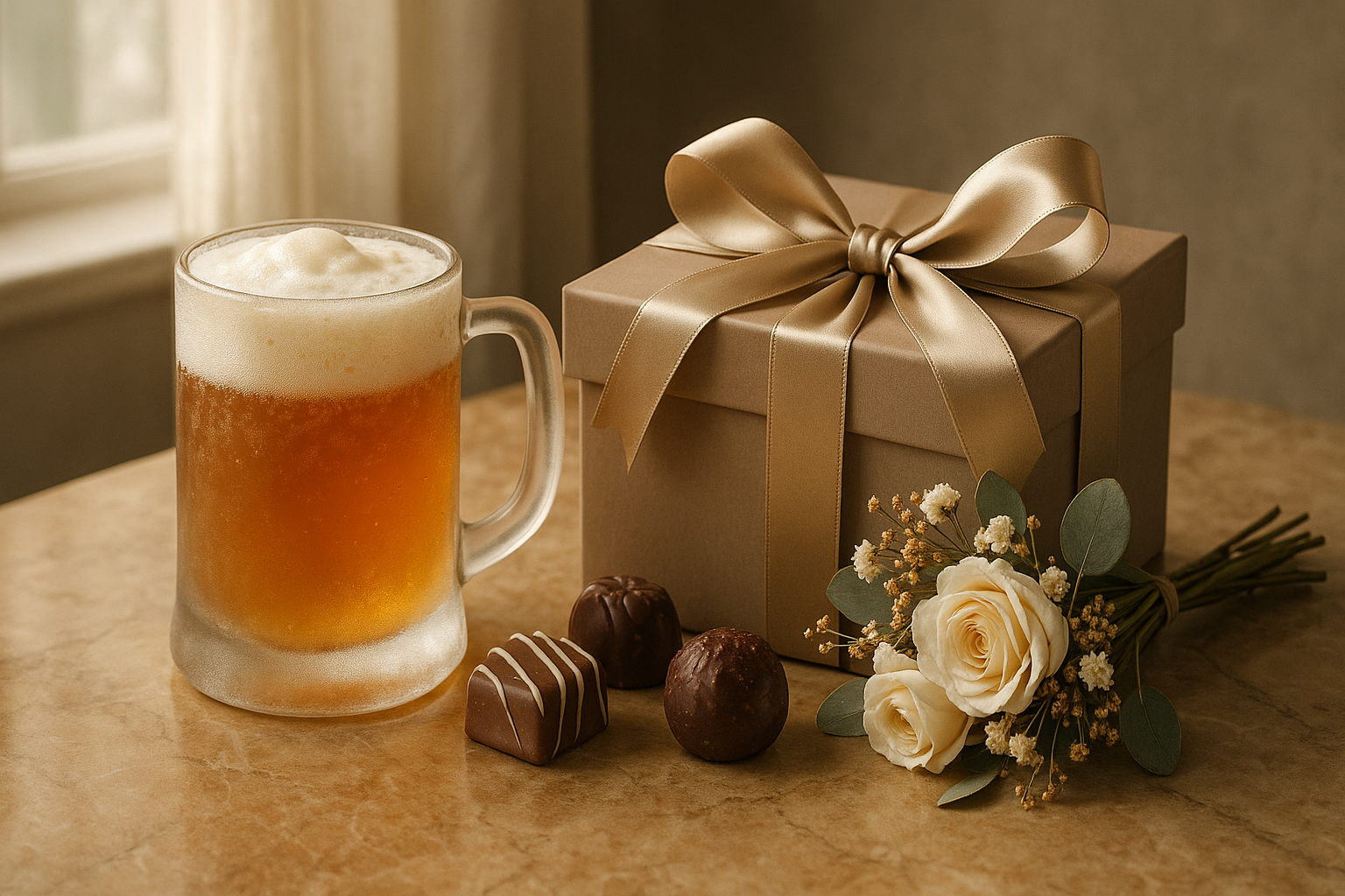 Regalo con estética mágica: bebida ámbar cremosa, chocolates y caja de regalo