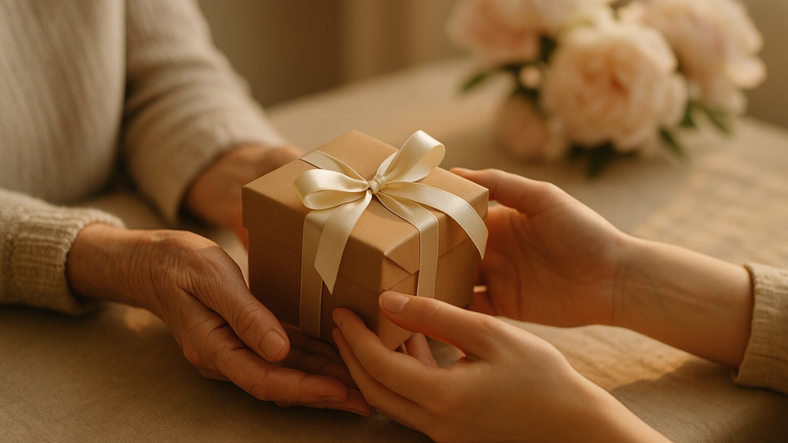 Manos entregando un regalo pequeño con cinta crema sobre una mesa íntima en Día de la Madre