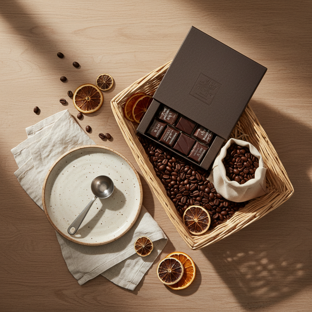 Ancheta gourmet editorial con chocolate artesanal y café