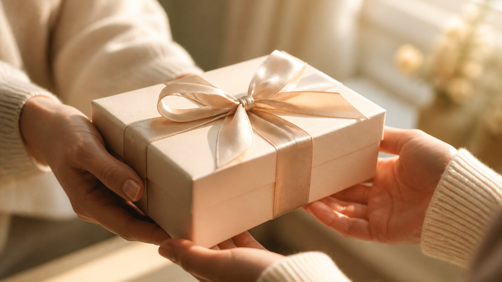 Manos recibiendo una caja de regalo con cinta de raso, luz cálida de tarde