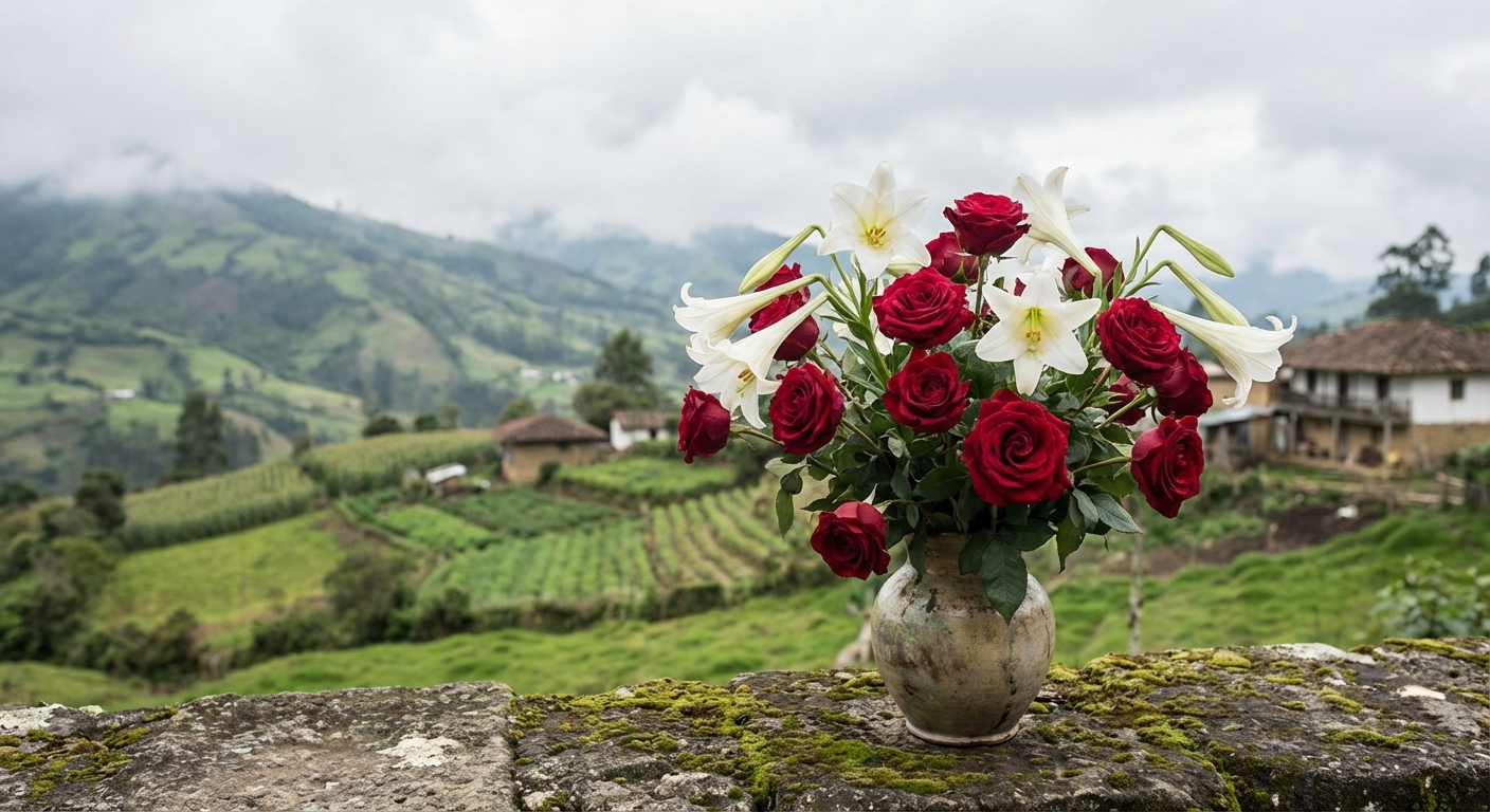 Rosas rojas y lirios blancos con montañas andinas, Pasto
