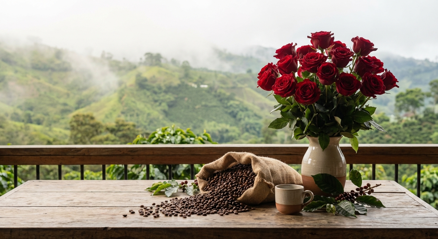 Arreglo de rosas con granos de café, eje cafetero Pereira