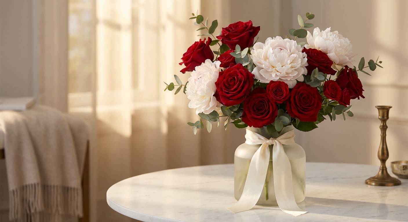 Arreglo floral de lujo para San Valentín: rosas rojas y peonías blancas