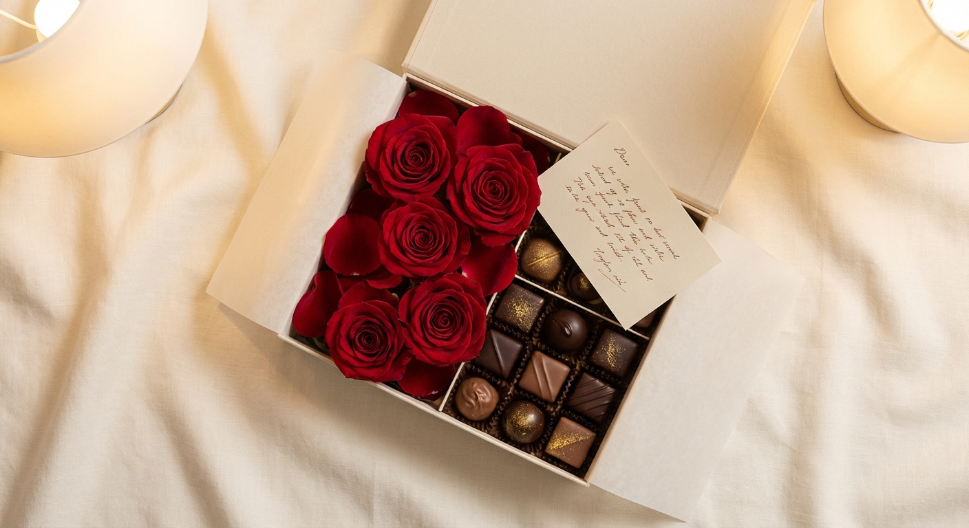Caja de regalo de San Valentín con rosas, chocolates artesanales y nota manuscrita